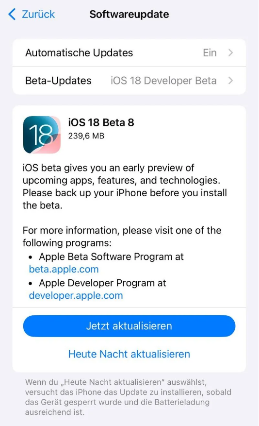 毕节苹果手机维修分享苹果 iOS / iPadOS 18 开发者预览版 Beta 8 发布 